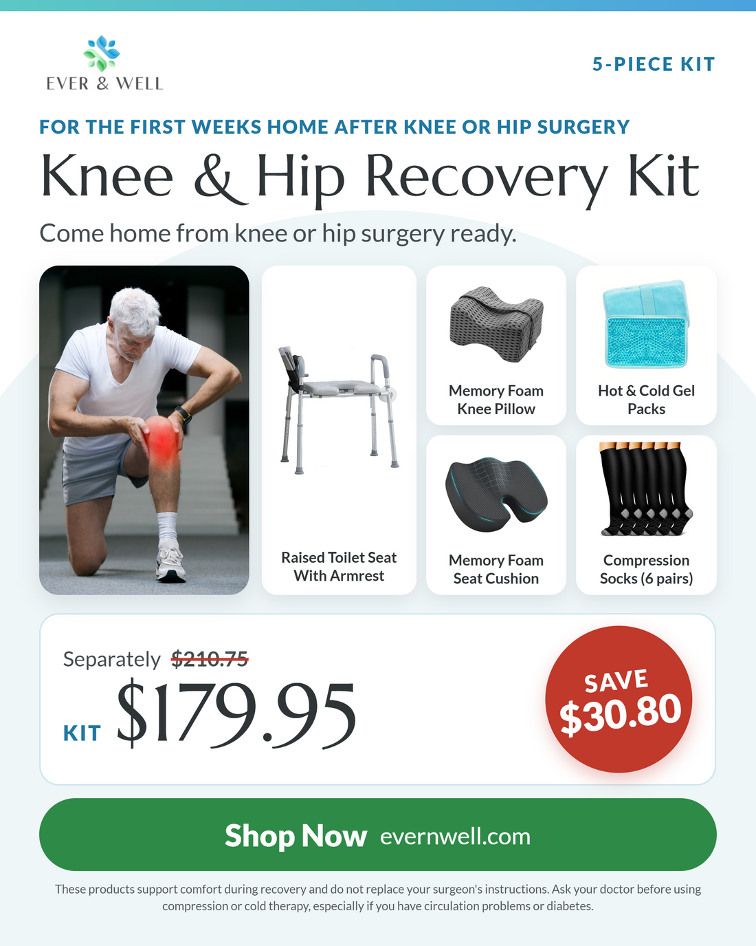 Knee & Hip Recovery Kit: raised toilet seat, knee pillow, hot and cold gel packs, seat cushion and compression socks. Kit $179.95.